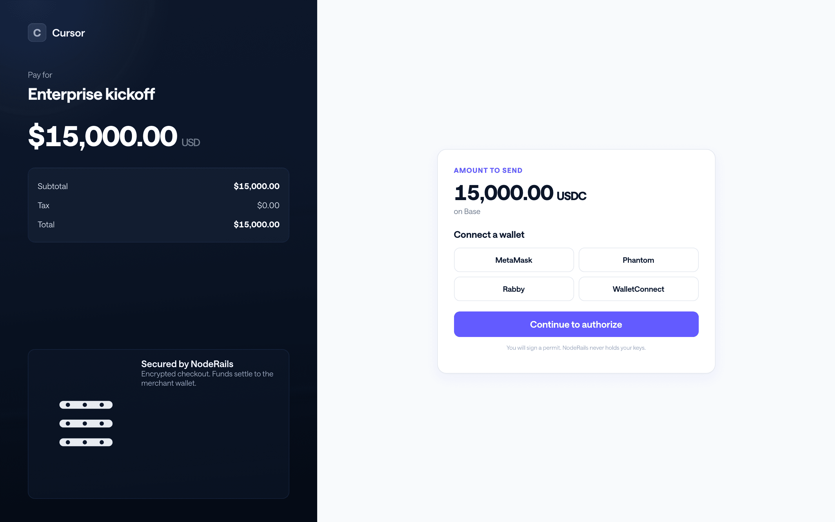 NodeRails hosted checkout with payment review, wallet authorization, and smart contract security