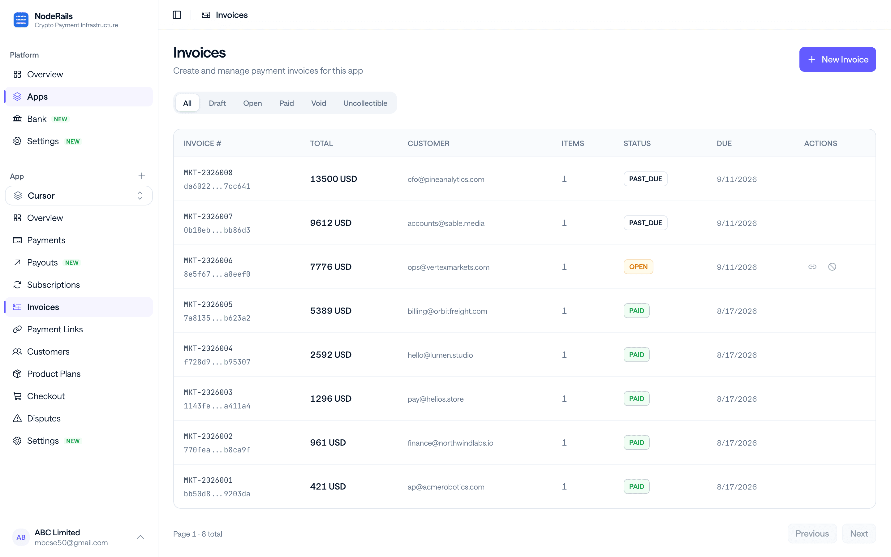 Invoice email with line items, total amount, and Pay Invoice button
