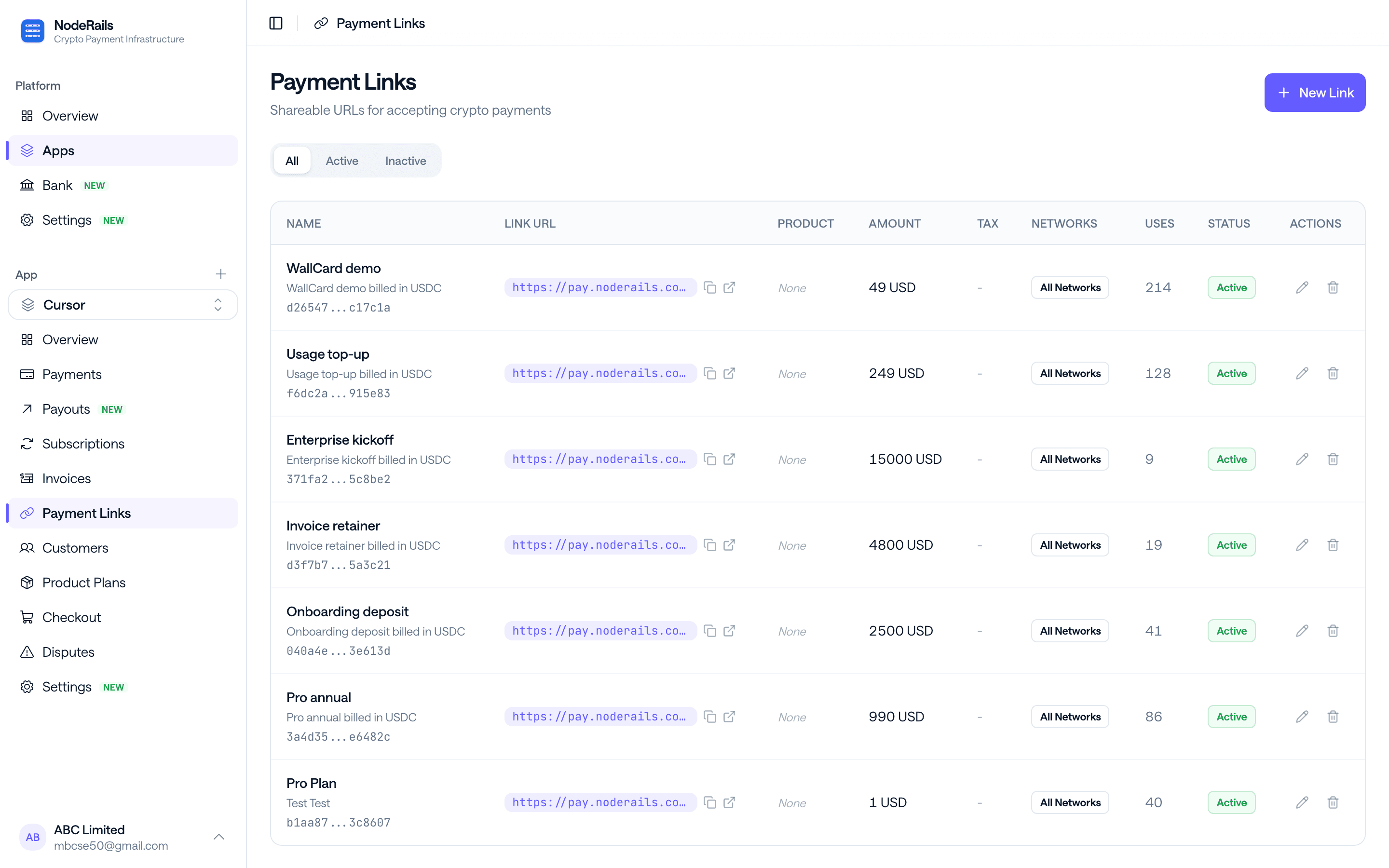 Payment links dashboard showing active links with URLs and usage stats