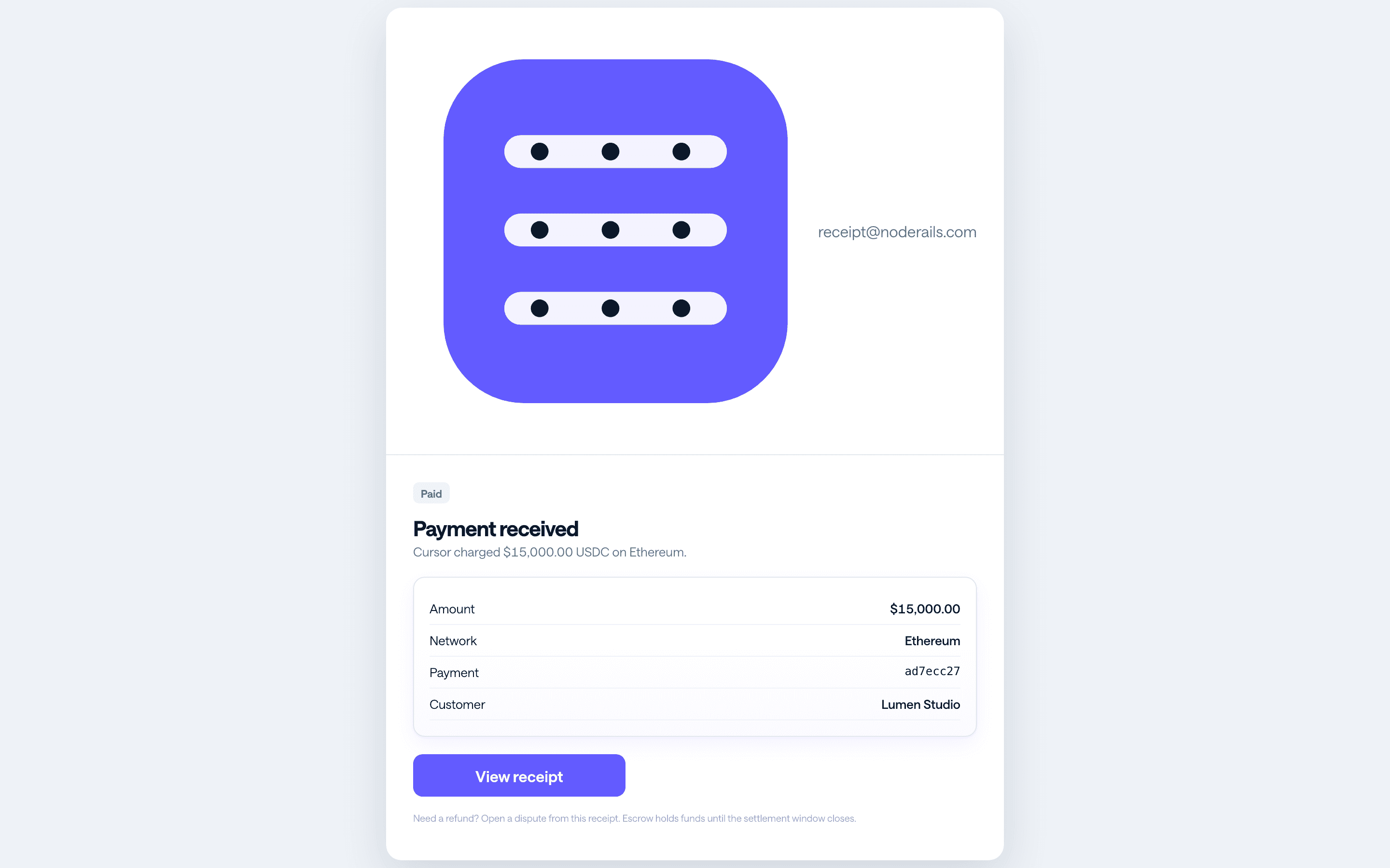 Payment receipt email with dispute option