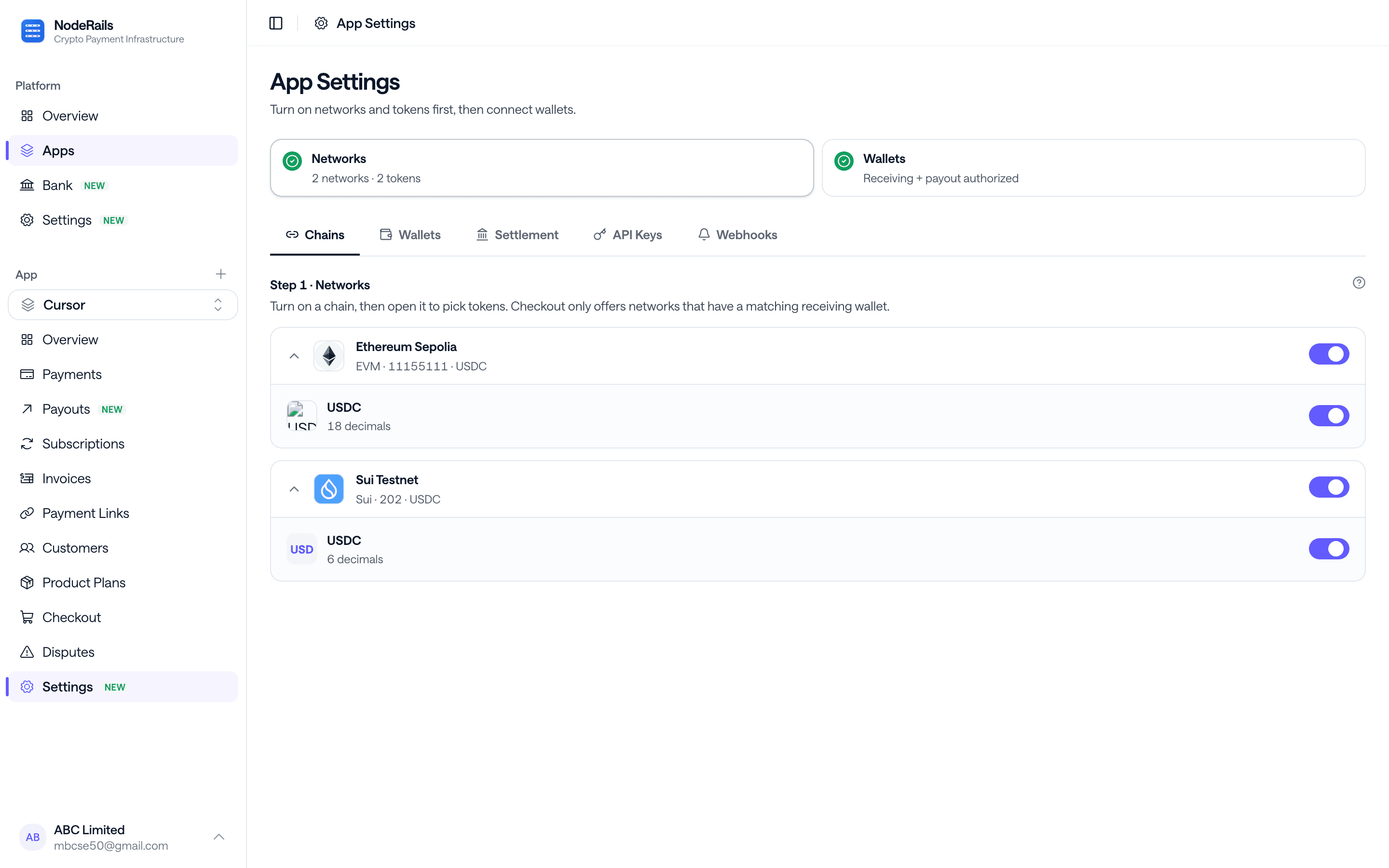 App settings where merchants connect payout wallets and authorize payouts
