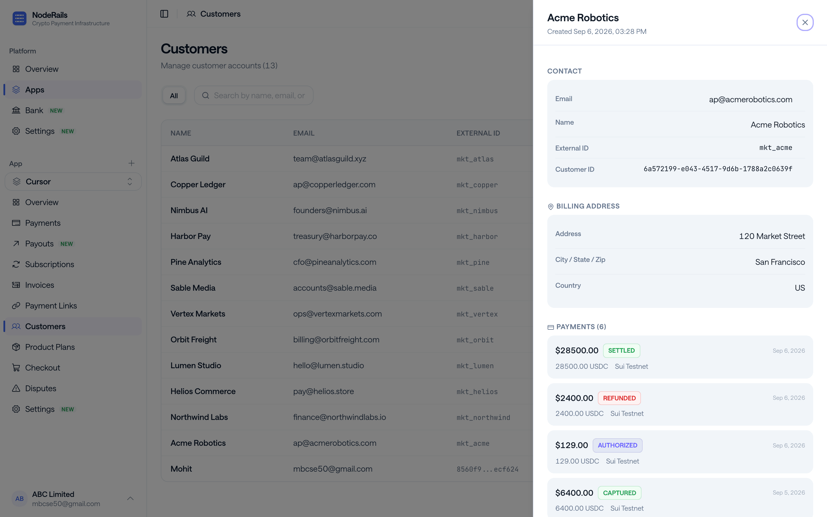 Customer list with detail panel showing billing and payment history