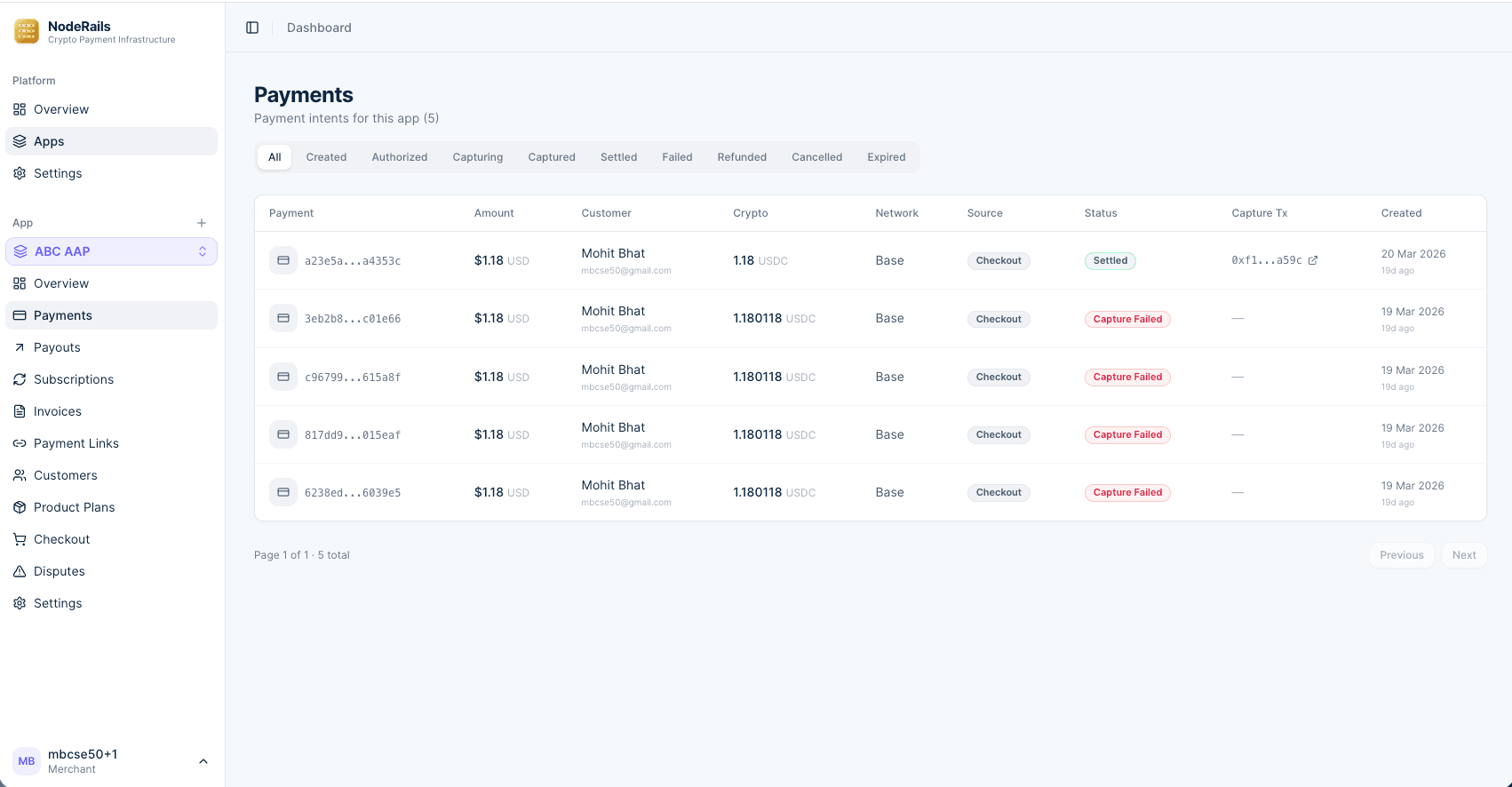 NodeRails merchant dashboard showing payments, statuses, and filters