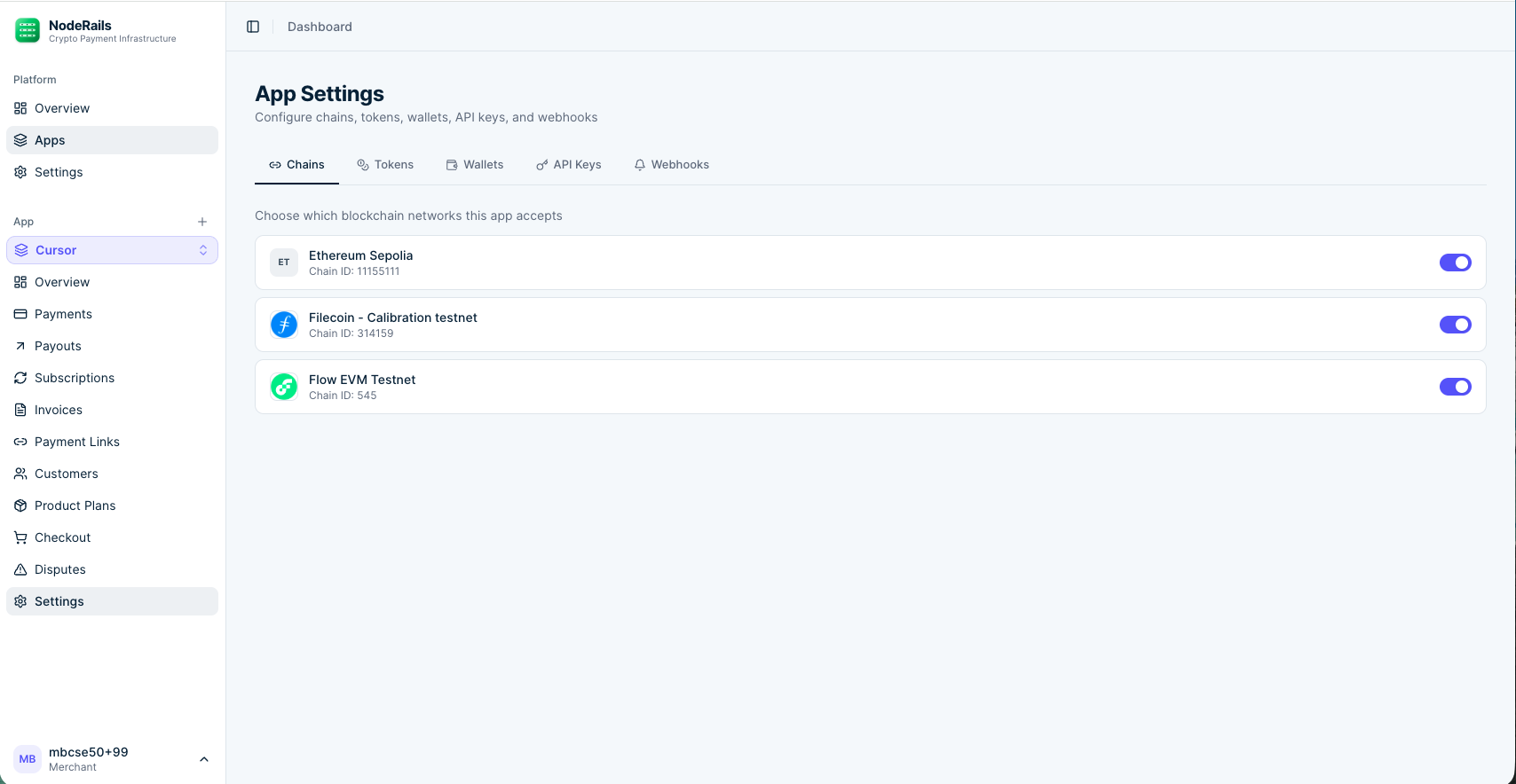 App Settings page showing chain selection with toggles for each blockchain network