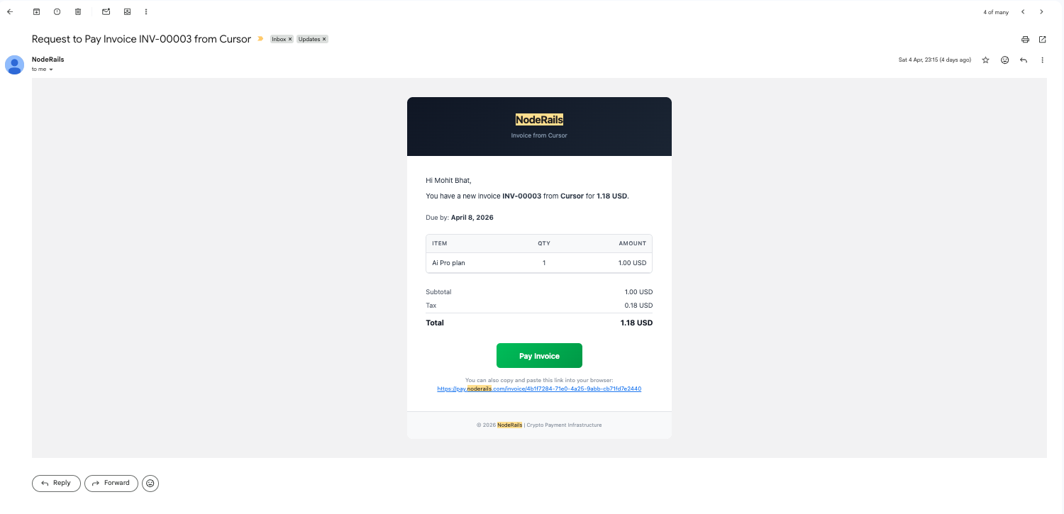 Invoice email with line items, total amount, and Pay Invoice button