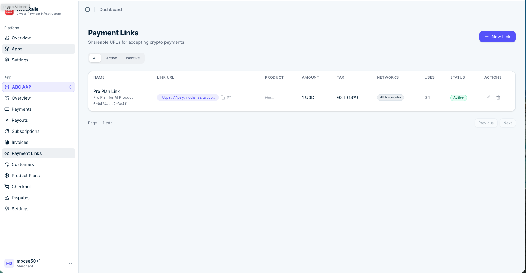 Payment links dashboard showing active links with URLs and usage stats