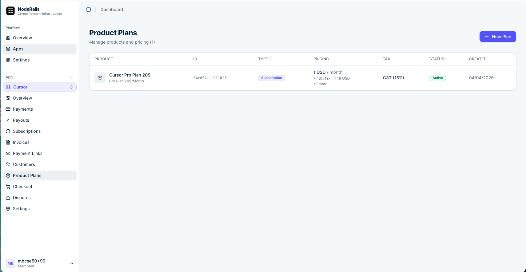 Product plans configuration with subscription types and pricing