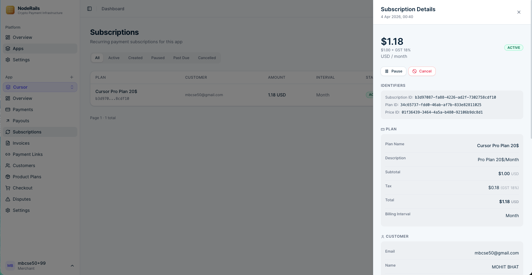 Subscriptions list with active subscribers and plan details