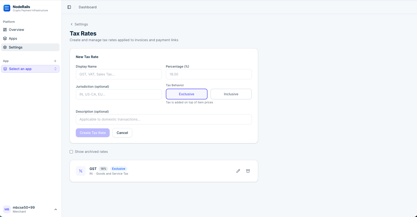 Tax rate configuration form
